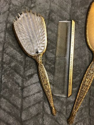Vintage Brush Comb Handheld Mirror Vanity Set Gold Plated 3 Piece Gold Plated 7