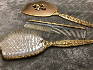 Vintage Brush Comb Handheld Mirror Vanity Set Gold Plated 3 Piece Gold Plated 8