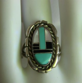Vintage Sterling Silver Navajo Turquoise Mop Jet Inlay Ring Sz 6.  5 Signed