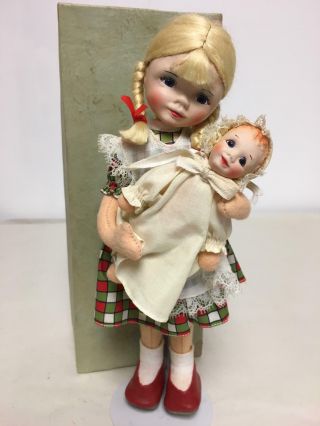 Vintage Old Cottage Toys Felt Girl Doll With Doll Set