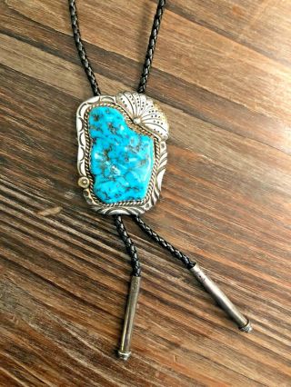 Large Vintage Navajo Sterling Silver Turquoise Bolo Tie