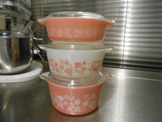 Vintage Pyrex Pink Gooseberry Casserole Dish Bowls 471 472 473 Set With Lids 6pc