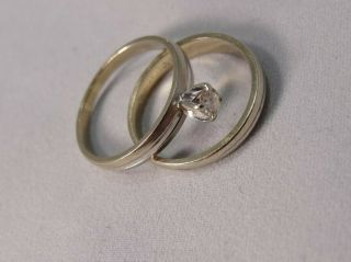 Vintage 70s 14k White Gold Wedding Ring Set,  Solitary And Band,  Size 7