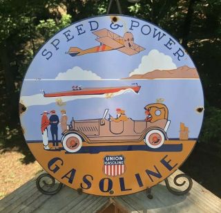 Vintage Union Speed And Power Gasoline Porcelain Pump Plate Sign Marine Aviation