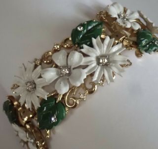 Vintage Trifari Gold Plate Enamel Rhinestone Flower Bracelet