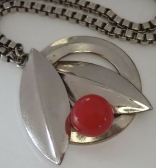 Vintage Machine Age Art Deco Chrome Plate Red Galalith Cherry Pendant Necklace
