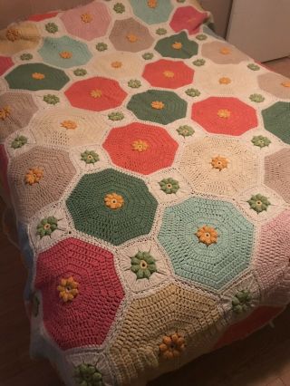 Vintage Crocheted Afghan Queen Blanket Handmade Multicolored Flowers