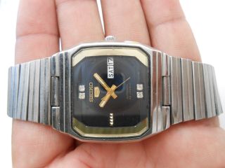 Rare Vintage S Steel Dark Navy Blue Seiko 5 Square Diamond Dial Gents Wristwatch