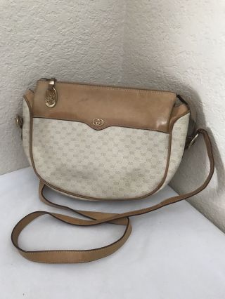 Vtg Gucci Gg Offwhite Pvc Tan Leather Trim Shoulder Handbag