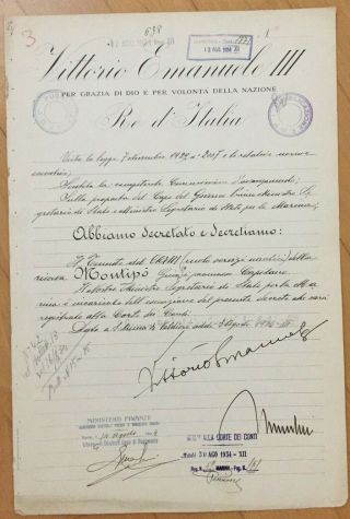 Benito Mussolini,  King Victor Emanuel Iii Signed Document 1934 / Italy Rare