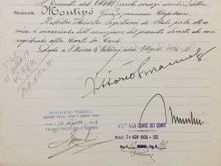 BENITO MUSSOLINI,  KING VICTOR EMANUEL III SIGNED DOCUMENT 1934 / ITALY RARE 2