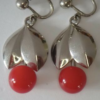 Vintage Machine Age Art Deco Chrome Plate Red Galalith Cherry Earrings