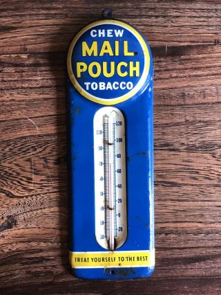 Vintage Chew Mail Pouch Tobacco Tin Lithograph Thermometer Sign 9 " X 3 "