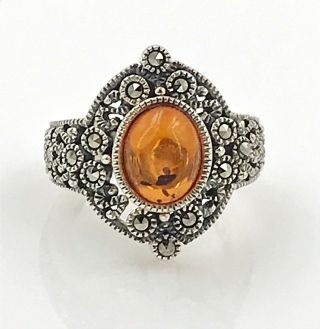 Vintage Judith Jack.  925 Sterling Silver Amber Cabochon & Marcasite Ring,  Size 5