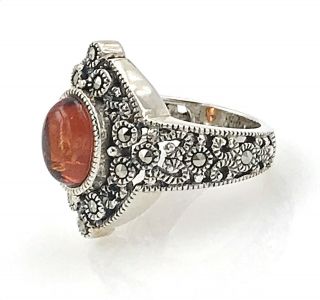 Vintage Judith Jack.  925 Sterling Silver Amber Cabochon & Marcasite Ring,  Size 5 3