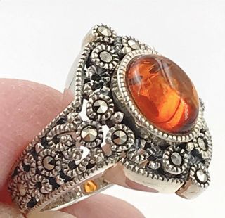 Vintage Judith Jack.  925 Sterling Silver Amber Cabochon & Marcasite Ring,  Size 5 4