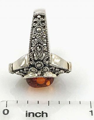 Vintage Judith Jack.  925 Sterling Silver Amber Cabochon & Marcasite Ring,  Size 5 8