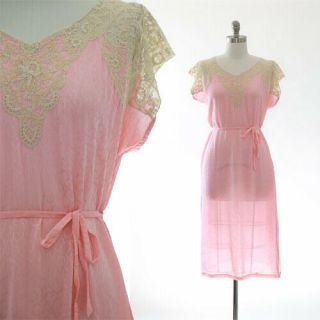 Vintage 30s Pink Embroidered Scroll Floral Lace Rayon Dress M L
