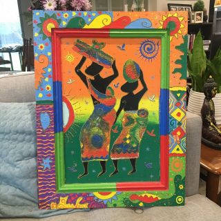 Vintage Vibrant African Art Painting Two Women With Babies Wood 25 " X 16 "