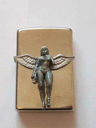 Zippo lighter silver plate,  vintage,  angel woman warrior sexy,  handmade 2