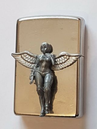 Zippo lighter silver plate,  vintage,  angel woman warrior sexy,  handmade 8