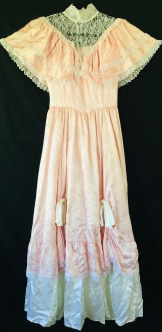 Vtg Gunne Sax Pink Satin White Lace Ruffle Ribbon Victorian Wedding Dress Gown M