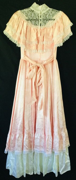 Vtg Gunne Sax Pink satin White Lace ruffle ribbon Victorian wedding dress gown M 2