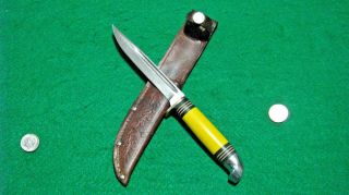 Vtg Sheath Blade Hunt Usa P48A Western YELLOW 50s Knife 1 Orig leather fold case 6