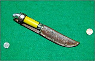 Vtg Sheath Blade Hunt Usa P48A Western YELLOW 50s Knife 1 Orig leather fold case 7