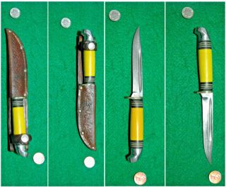 Vtg Sheath Blade Hunt Usa P48A Western YELLOW 50s Knife 1 Orig leather fold case 8