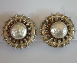 Vintage Miriam Haskell Gold Gilt Beaded Baroque Pearl Clip Earrings