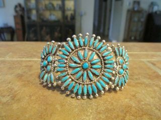 Exquisite Vintage Navajo Sterling Silver Needle Point Turquoise Cluster Bracelet