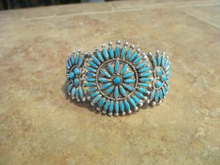 Exquisite Vintage Navajo Sterling Silver NEEDLE POINT Turquoise CLUSTER Bracelet 7