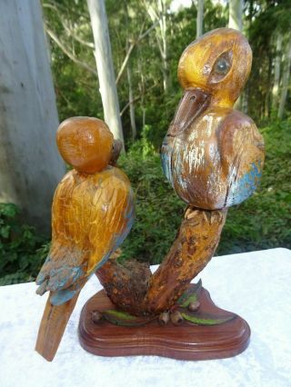 Vintage Hand Carved and Painted Australian Wood Kookaburra ' s on Branch Statue 2