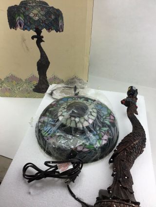 Vintage Stained Glass Peacock Table Lamp Statue
