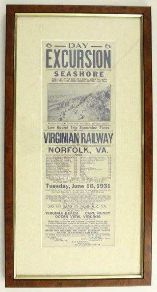 Vintage Framed Art 6 Day Railroad Excursion Virginian Railway Norfolk Va 1931