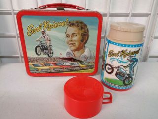 Vintage 1974 Aladdin Evel Knievel Metal Lunchbox Complete W/ Thermos