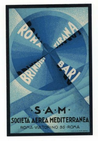 Vintage Airline Luggage Label - S.  A.  M.  (societa Aerea Mediterranea)