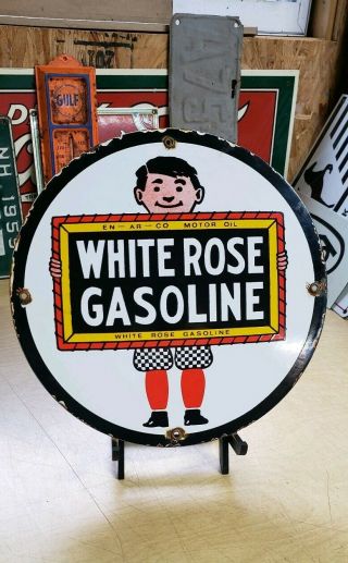 White Rose En - Ar - Co Gasoline Porcelain Sign Vintage Petroleum Gas Pump Plate