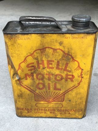 Early RARE Yellow Vintage One Gallon SHELL Motor Oil Tin Can - BIG SHELL Model A 3