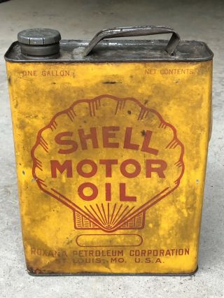 Early RARE Yellow Vintage One Gallon SHELL Motor Oil Tin Can - BIG SHELL Model A 4