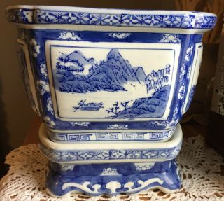 Vintage Chinese Blue White Porcelain Jardinière Planter W/trad.  Asian Landscape