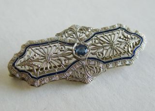 Fine Antique Art Deco 14k White Gold Filigree Blue Topaz Vtg Enamel Brooch Pin