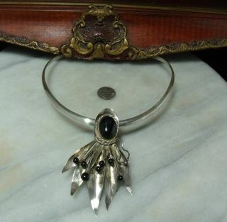 Art Deco Vintage Sterling Silver Heavy Native American Onyx Bib Rare Necklace
