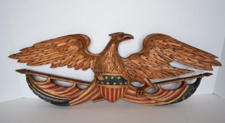 Vintage Wood Carved American Eagle Bellamy Style American Folk Art Shield Flag