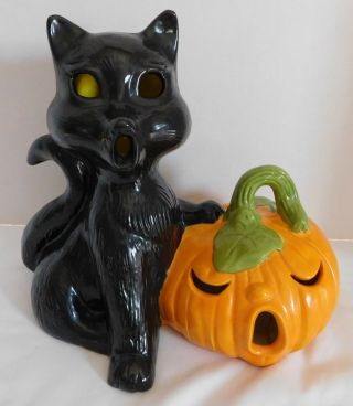 Rare Vintage 1981 Ceramic Cat And Pumpkin Halloween
