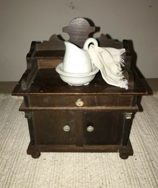 Antique Miniature Dollhouse German Dark Wood Washstand,  Bowl,  Pitcher & Towel