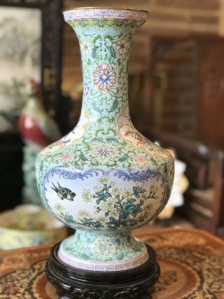 Lovely Vintage Chinese Export Brass Enamel Decorator Vase On Fitting Wood Stand