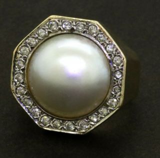 Heavy Vintage 14k Yellow Gold 0.  36ct Diamond And 14mm Mabe Pearl Cocktail Ring