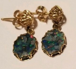 Vintage 14k Solid Yellow Gold Blue White Fire Opal Mosaic Inlay Dangle Earrings